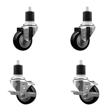 Service Caster 3'' SS Black Poly Wheel Swivel 1-7/8'' Expanding Stem Caster Set 2 Brakes, 4PK SCC-SSEX20S314-PPUB-BLK-2-TLB-2-178